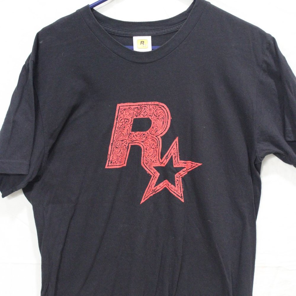 Red on Black Linocut Rockstar Games Logo Tee